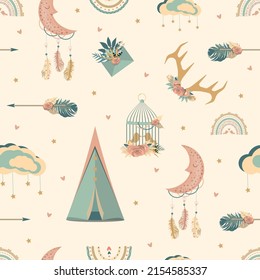 Boho pattern with feathers, dream catchers and rainbows. flat vector illustration.