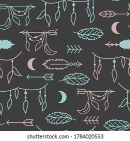 Boho pattern with moon, feathers and arrows in boho style. Vector dark grey background for textile, fabric, paper.