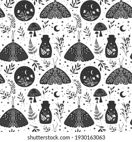 Boho pattern. Mystic seamless monohrome background. Vector