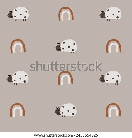 Boho pattern with neutral color. Nature motives, lady bug and rainbow, nursery pattern suitable for kids fabric pattern
