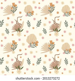 Boho pattern in pastel beige, pink, brown color on beige background. Leaves pattern rustic an bohemian style.
