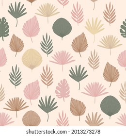 Boho pattern in pastel beige, pink, brown color on beige  background. Cute Leaves pattern. Rustic style.