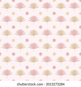 Boho pattern in pastel beige, pink, brown color on pink background. Leaves pattern.