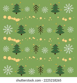Boho pattern, postcard decorations, Christmas tree with lights, snowflakes, festive mood, illustration on a green background