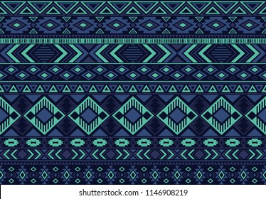 Boho pattern tribal ethnic motifs geometric seamless vector background. Fashionable boho tribal motifs clothing fabric textile print traditional design with blue triangle and rhombus shapes.