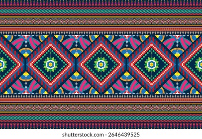 Boho padrão tribal motivos étnicos geométricos fundo vetor sem emenda. Motivos tribais de ikat legal tecido de roupa impressão têxtil design tradicional com formas triangulares e rombus.