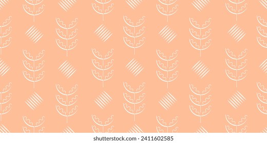 Boho peach 2024 year color pattern. Folk elements, geometric abstract. Seamless background, funky sketch. Ethical symbols.