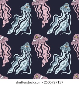 Boho pink and blue magic jellyfish hand drawn flat funky cartoon childish vector illustration. Sea life funny doodle character art seamless pattern. Aquatic ornate animal on dark background. Baby t