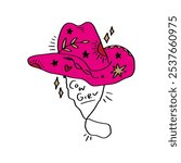Boho pink cowgirl patterned hat, funky groovy hippie cowgirl or cowboy concept clip-art. Vector illustration.