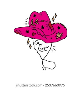 Boho pink cowgirl patterned hat, funky groovy hippie cowgirl or cowboy concept clip-art. Vector illustration.