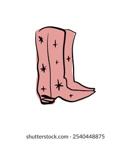 Boho pink cowgirl stars patterned boot, funky groovy hippie cowgirl or cowboy concept clipart. Vector illustration for mug, t-shirt, part of sticker pack and more.