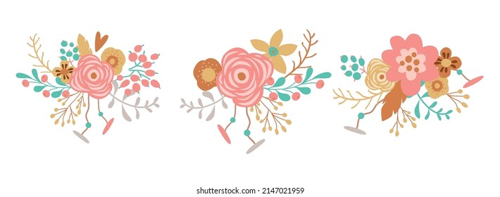 Las flores rosadas de Boho establecen elementos gráficos aislados. Ramo floral bohemio dibujado a mano. rosas rosas rosas, vegetación ramificada, hojas, berry. Ilustración vectorial de bodas bohemias. Colección de flores rosadas.