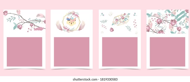 Boho pink invitation card with animal,leaf,wreath,feather and frame for birthday, baby shower postcard,poster,background