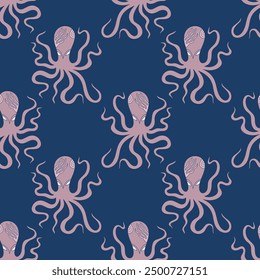 Boho pink octopus hand drawn flat funky cartoon childish vector illustration. Sea life squid funny doodle character art seamless pattern. Aquatic ornate animal on dark background. Baby t shirt print