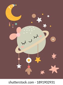 Boho planet sleeping - poster for nursery design. Vector Illustration. Kids illustration for baby clothes, greeting card, wrapping paper.