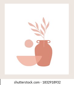 Boho Plant Art, Abstract Vase and Plants illustration, Botanical Terracotta Wall Print