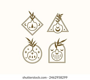 boho plant leaves vases pot simple line vector icon design illustration collections sets