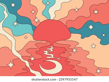 Boho Pop Art 70s Sunset – Retro Coastal Landscape Illustration