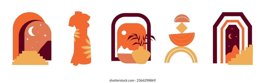 Portales de Boho. Marco de arco. Forma geométrica de Doodle. Plantar ramas en jarrón. Cielo con sol o media luna. Cuerpo femenino. Vestido anaranjado. Ventana o escalera de silueta. Conjunto de elementos vectoriales bohemios