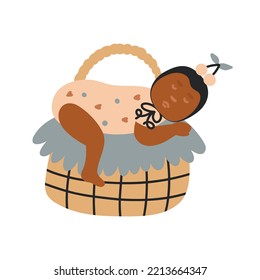 Boho Portrait Sleeping Newborn Baby In Wicker Basket. Baby Shower Clipart Little Boy Or Girl For Nursery Print. Vector Bohemian Child Cartoon Design