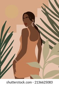 Boho poster with abstract woman face portrait, exotic tropical leaves on pastel background. Afro American woman illustration for poster, banner, placard, print, canvas in earth tone. Vector 