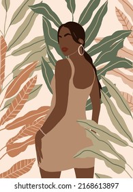 Boho poster with Abstract Woman portrait, exotic tropical Leaves on Pastel Background. Minimalist Woman illustration for poster, banner, placard, print, canvas in earth tone. Vector