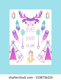 Boho poster, banner vector illustration. Scull, plants such as flowers with leaves, branch, feather with ornament, ethnic tribal eyes, stone, head. Free spirit wild bohemia soul. Live, love, laugh.
