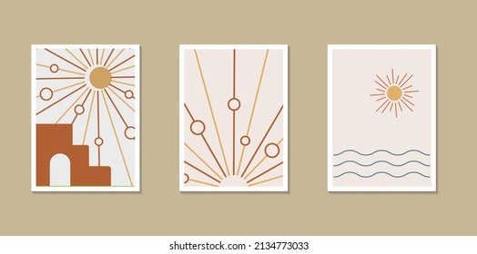 Boho poster collection. Abstract sunrise and sea beach print. Wall art design. Trendy decoration. Mid century style. Vector stock illustration