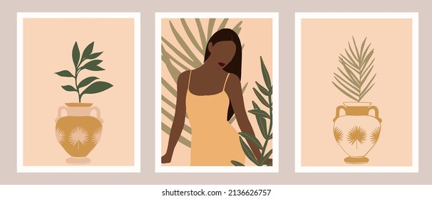 Boho poster collection with African woman portrait, exotic tropical houseplant in antique vases. Afro American woman illustration for poster, banner, placard, print, canvas in earth tone. Vector 