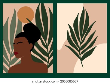 Boho Poster Collection with Face Woman Portrait, Exotic Tropical Leaves on pastel background vector. Afro American Woman illustration for poster, wall art, banner, placard, print, canvas in earth tone