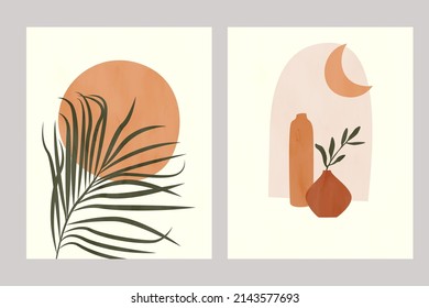 Boho poster collection sun palm and leaf. Pottery and moon. Mid century modern minimalist art print. Modern aesthetic boho design wallpaper, card, template. eps 10. Flat illustration