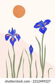 Boho poster with flower.A simple, minimalist iris print. Flowers, moon and stars. Art for for postcards, wall art, banner, background. Stock vector illustration.