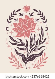 Afiche de Boho con el concepto de flores. Plantar con hojas y creatividad abstracta. Objeto artístico para afiches o pancartas. Volante y folleto. Dibujo vectorial plano de dibujos animados aislado en fondo beige