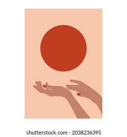 Boho poster. Hand holding sun contemporary minimalist art background, mid century wall decor. Vector illustration