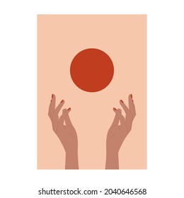 Afiche de Boho. Manos bajo el sol de fondo contemporáneo de arte minimalista, decoración de paredes de mediados de siglo. Ilustración del vector