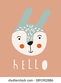 Boho poster for kids nursery room. Cute hare on brown background. Lettering Hello. Vector illustration. Placard for playroom.