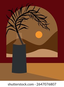 Boho Poster Landscape and Still Life with Palm Branch. Print for clothes ann notebook