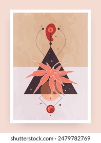 Boho poster. Magic figures. Astrology stars. Esoteric geometry. Flat triangle and circle collage. Spiritual galaxy. Moon pentagram. Abstract frame. Occult leaves. Bohemian design. Vector tarot card