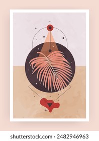 Boho poster. Magic figures. Astrology stars. Occult leaves. Esoteric geometry. Flat triangle and circle collage. Spiritual galaxy. Moon pentagram. Abstract frame. Bohemian design. Vector tarot card