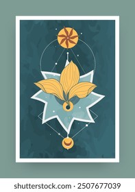 Boho poster. Magic figures. Astrology stars. Esoteric geometry. Flat triangle and circle collage. Spiritual galaxy. Moon pentagram. Abstract frame. Occult leaves. Bohemian design. Vector tarot card