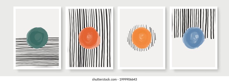 Afiche de Boho. Diseño moderno de mediados de siglo. Un conjunto de moda de ilustraciones abstractas pintadas a mano para la decoración de paredes, banner de medios sociales, diseño de portada de folletos o fondo postal. Pincel de color de agua