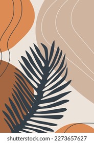 Boho poster palm leaf and abstract shapes. Mid century modern minimalist art print. Modern aesthetic boho design wallpaper, card, template. eps 10. Flat illustration