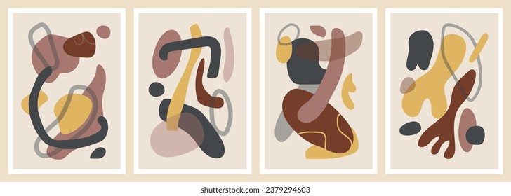 Boho poster set. Colorful organic forms. Hand drawn simple shapes. Flat vector illustration collection influenced by mid-century modern.