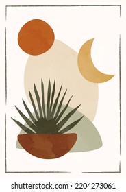 Boho Poster Sun Palm And Leaf. Pottery And Moon. Mid Century Modern Minimalist Art Print. Modern Aesthetic Boho Design Wallpaper, Card, Template. Eps 10. Flat Illustration