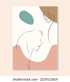 Boho Poster Wandkunst. Blumen, organische Formen und Mädchen. Line Art Stil. Vektorgrafik. Stilvolles Design für Druck, Deckel und Postkarten