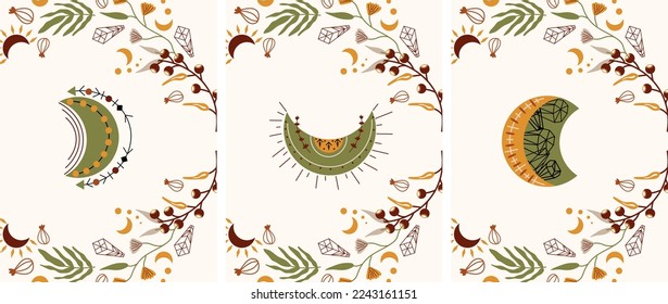 Boho posters with celestial moon, leaves, crystals, magical flowers. Magical, esoteric posters are ideal for banners, posters, postcards. Vector illustration