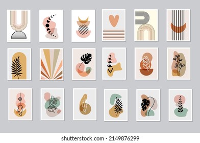 Colección de afiches de Boho. Equilibrio, formas rayadas y luna. El arte mural diseña un paquete. Hojas tropicales con puntos abstractos. Decoración de diseño. Ilustración de material vectorial