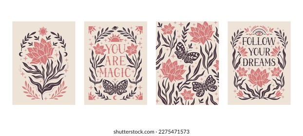 Boho posters set. Collection of bohemian postcards with positive quotes. Flowers and butterfly, plants and insects. Good vibes only. Cartoon flat vector illustrations isolated on white background