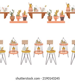 Boho Potted Plants Home Decor Vector Seamless Horizontal Borders Set
