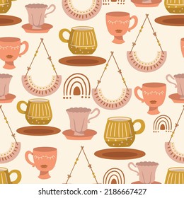 Boho Pottery Home Decor Vector Seamless Pattern